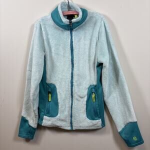 Champion Fuzzy Fleece Full Zip Jacket Teal Contrast Softshell Pockets 10-12 (L)